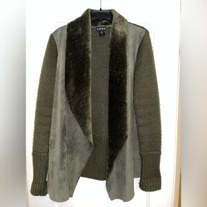 CENY Olive Green Faux Fur-Trim Open Cardigan